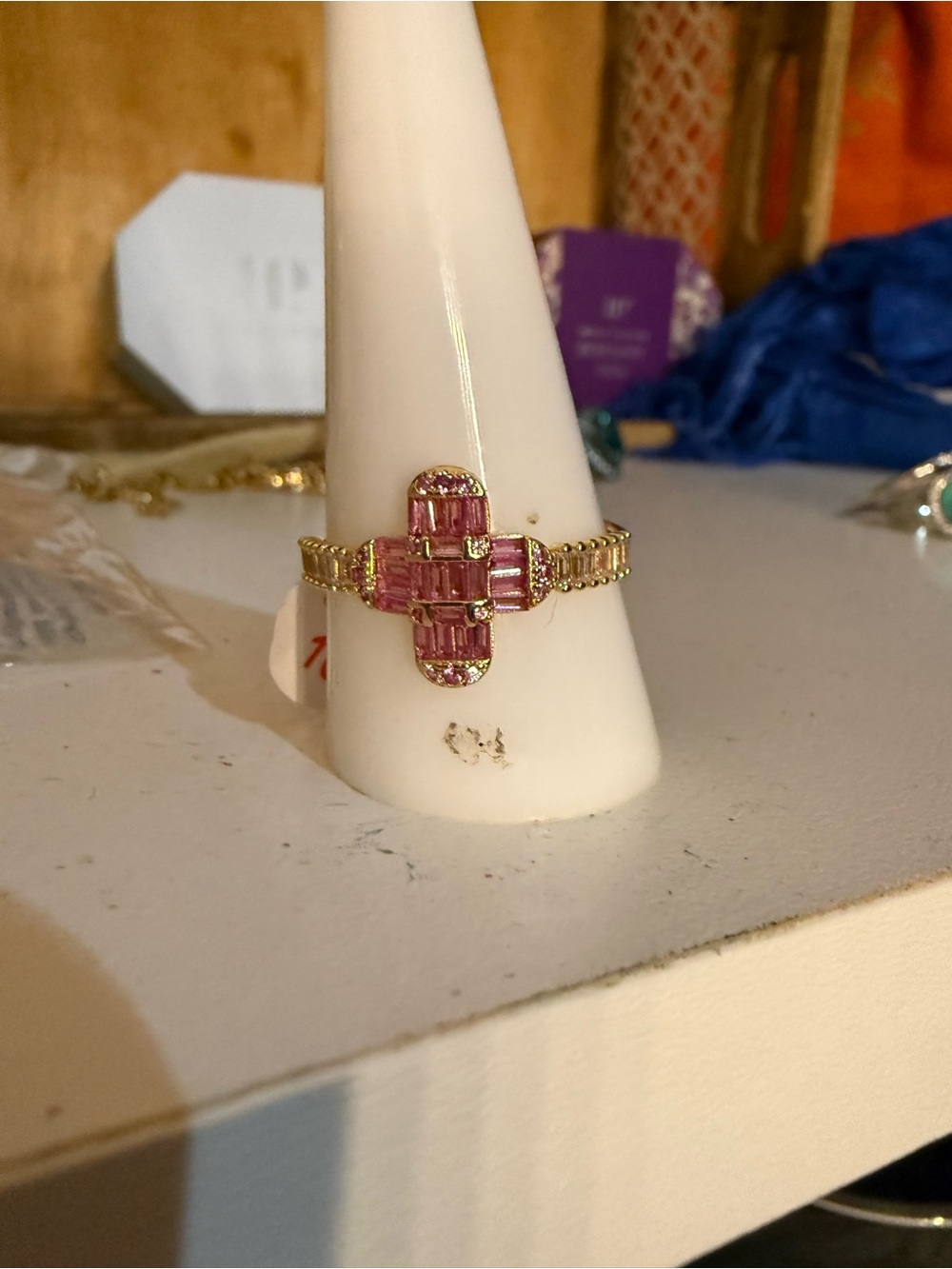 Gold-Tone Ring with Pink Baguette Crystals - Women Jewelry